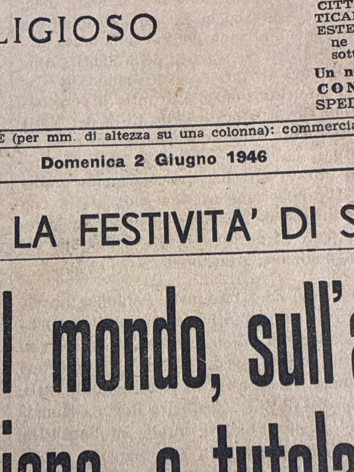 GIORNALE ORIGINALE 2 Giugno 1946 LOsservatore Romano - REFERENDUM PAPA PIO XII