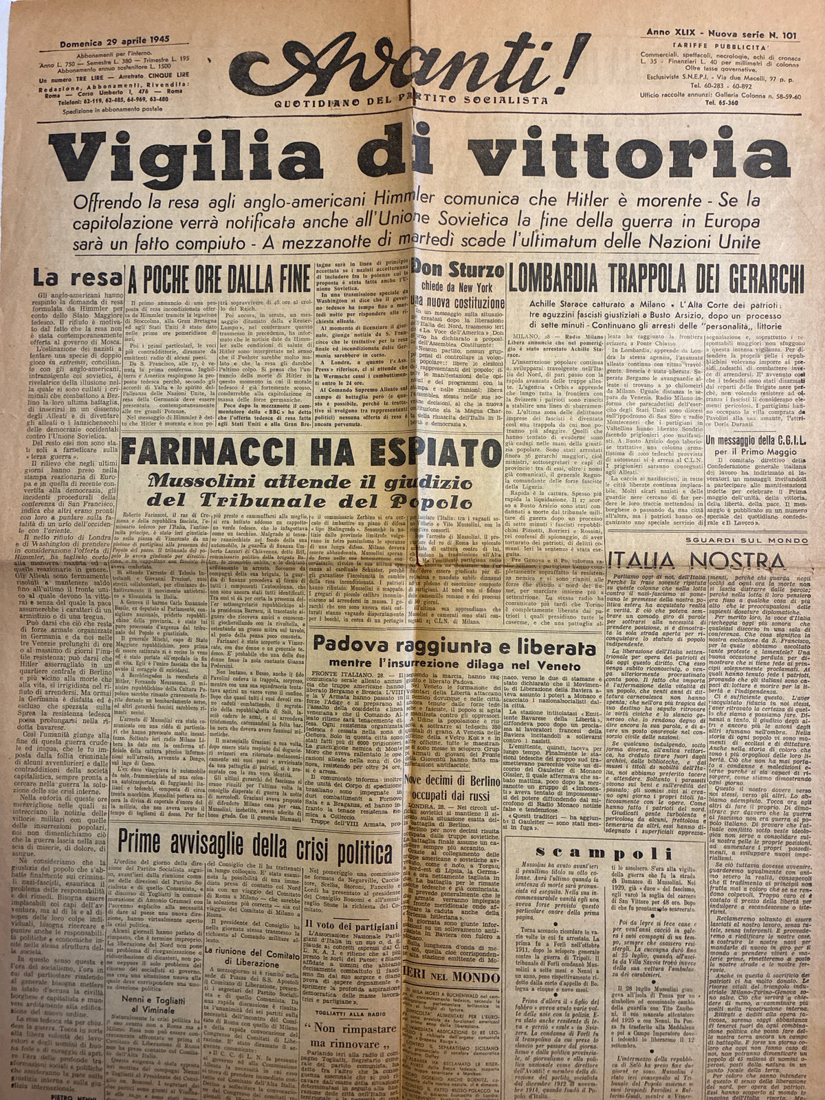 Raro Quotidiano Originale L'Avanti! 29 Aprile 1945 - Edizione Completa Roma - Fucilazione Farinacci e Mussolini