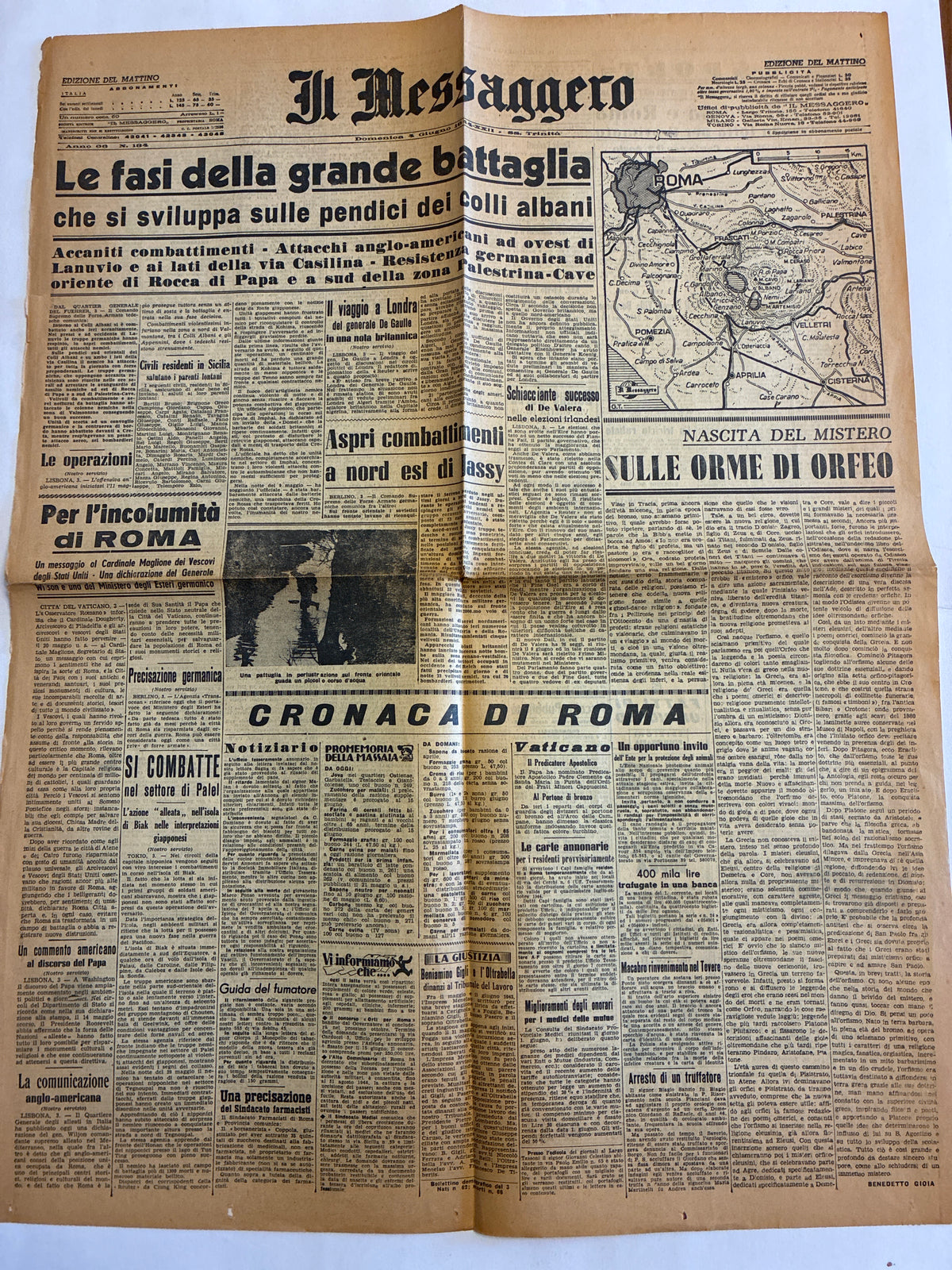 Raro Quotidiano Originale Il Messaggero Giugno 1944 - Edizione Completa Roma - Ore Prima della Liberazione