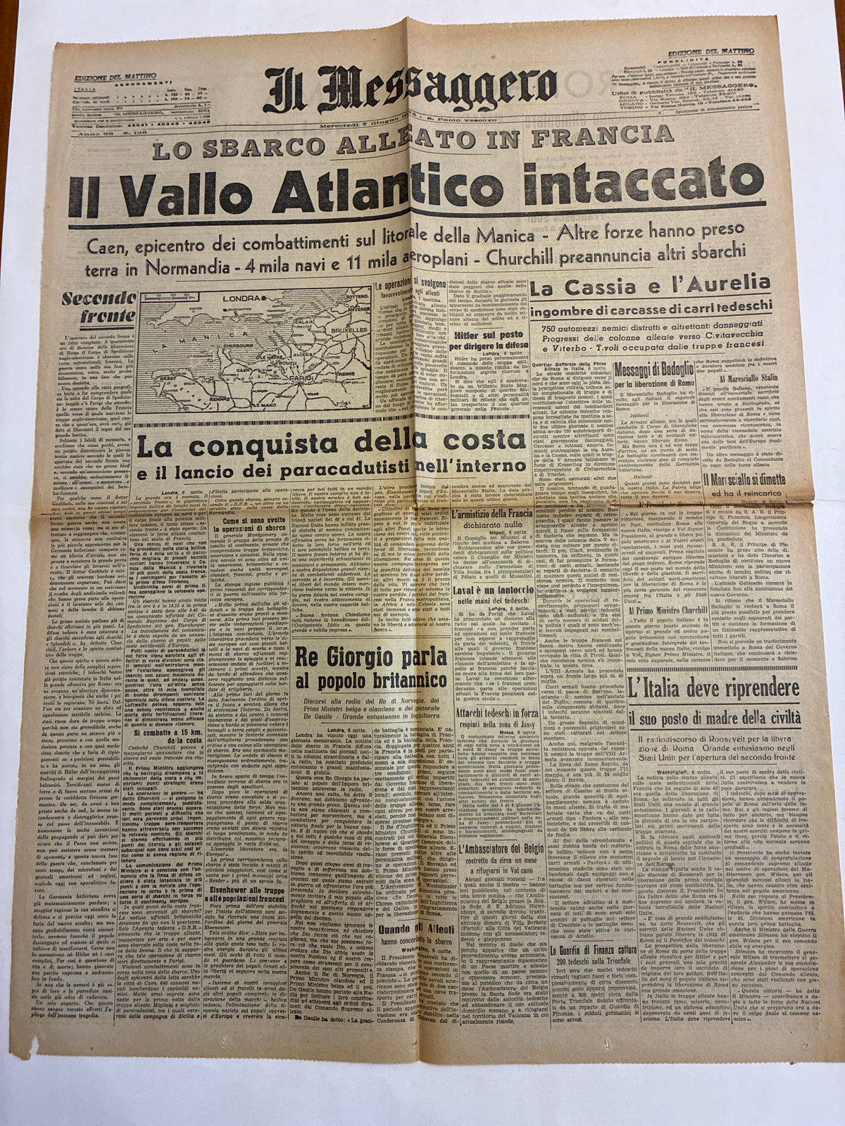 Quotidiano Originale Il Messaggero 7 Giugno 1944 - Edizione Completa Roma - Annuncio Sbarco in Normandia D-Day