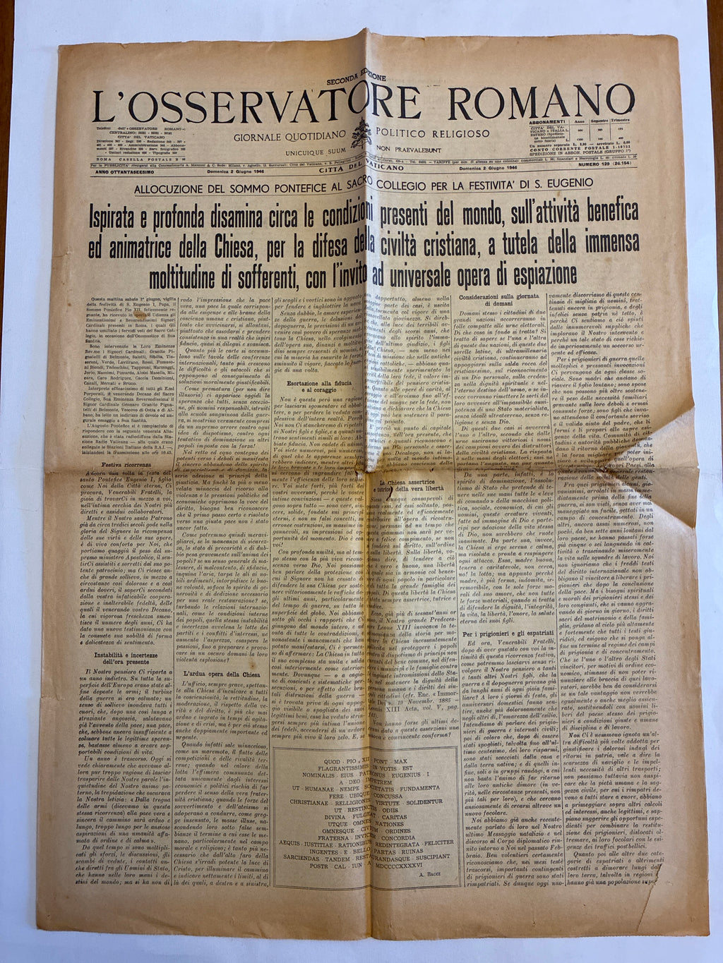 GIORNALE ORIGINALE 2 Giugno 1946 LOsservatore Romano - REFERENDUM PAPA PIO XII