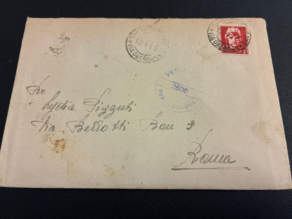 Luogotenenza: lettera ordinaria da Taranto a Roma del 19 aprile 1945 affrancata con un valore da 2 Lire rosso mattone della serie Imperiale con effigie dell'Italia Turrita e sottoposta a censura militare con timbro verificato 2500