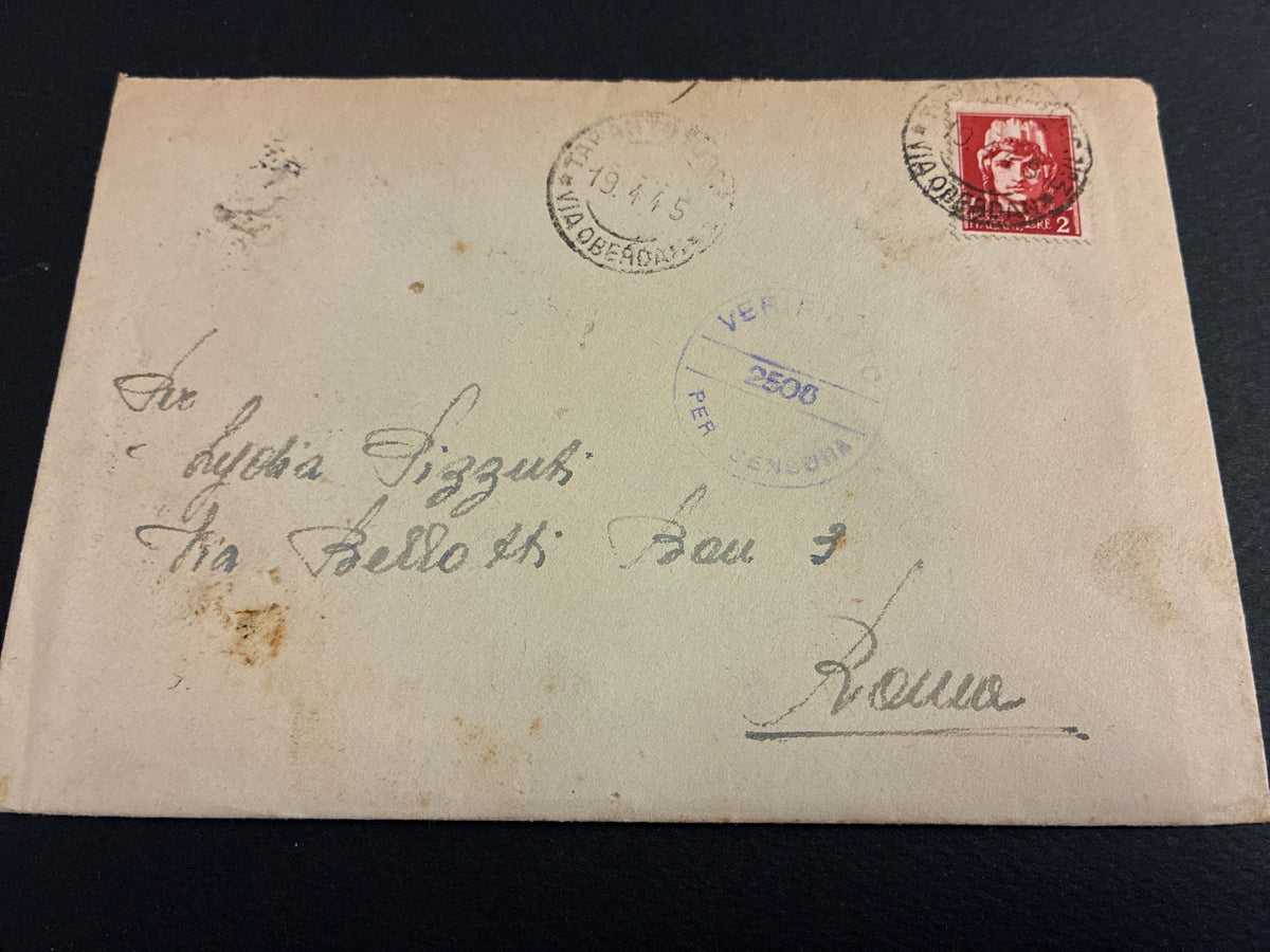 Luogotenenza: lettera ordinaria da Taranto a Roma del 19 aprile 1945 affrancata con un valore da 2 Lire rosso mattone della serie Imperiale con effigie dell'Italia Turrita e sottoposta a censura militare con timbro verificato 2500