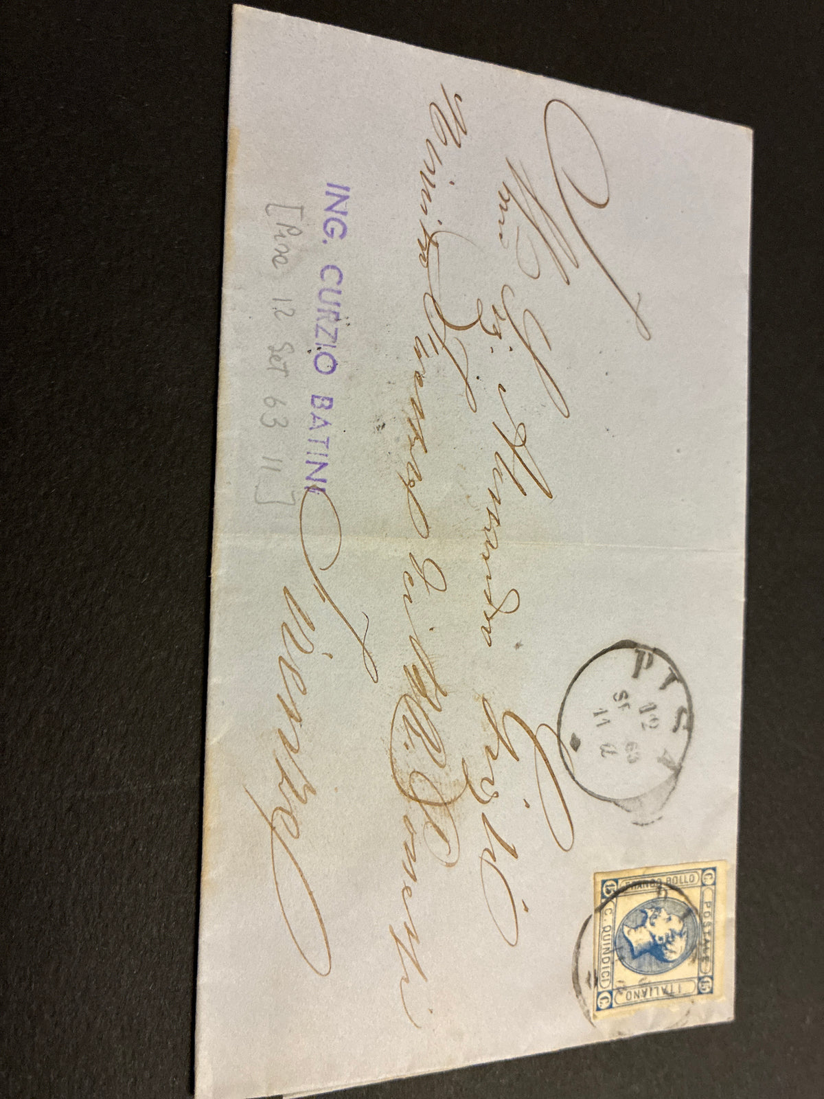 Lettera del Regno d'Italia (1863) con francobollo da 15 centesimi del secondo tipo ex collezione dell'ingegner Curzio Batini per Firenze