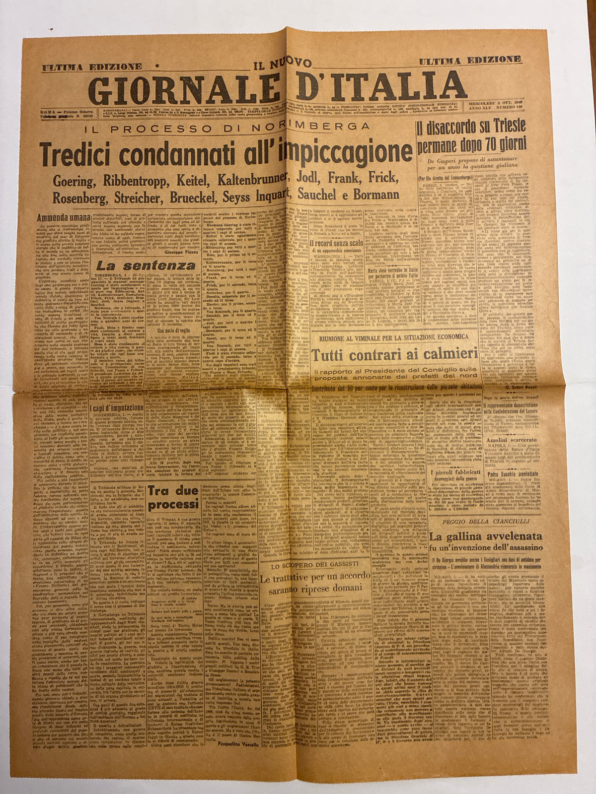 Quotidiano ORIGINALE 2 Ottobre 1946 Sentenza Processo Norimberga COMPLETO