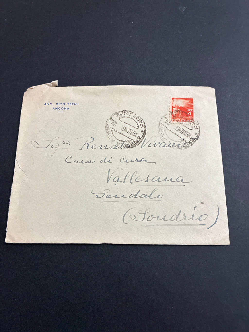 Lettera storica del 18 ottobre 1946 (Periodo provvisorio della Repubblica Italiana) da Ancona a Sondalo