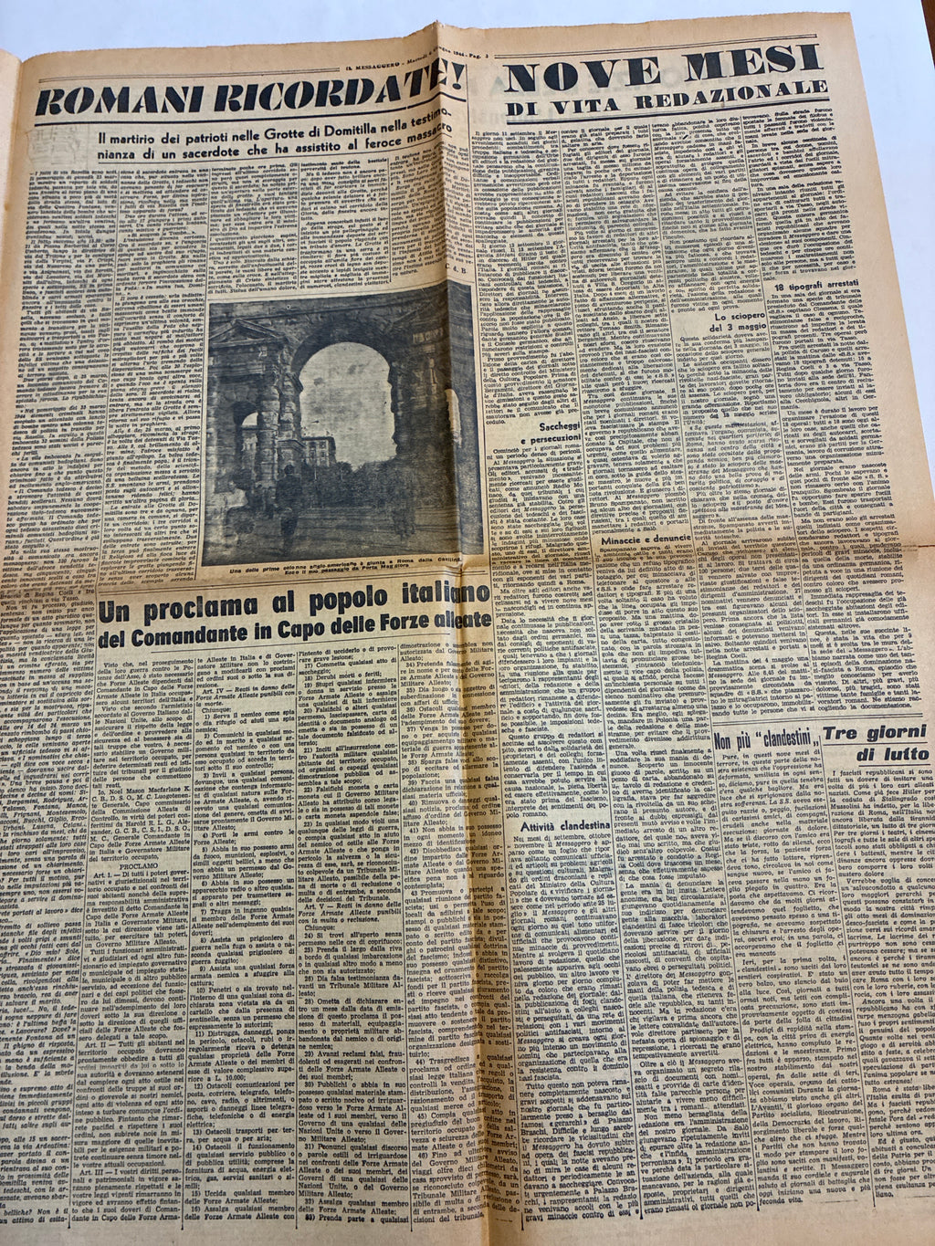 Quotidiano Originale Epoca Il Messaggero 6 Giugno 1944 Giornate di esultanza per Roma Seconda Guerra Mondiale