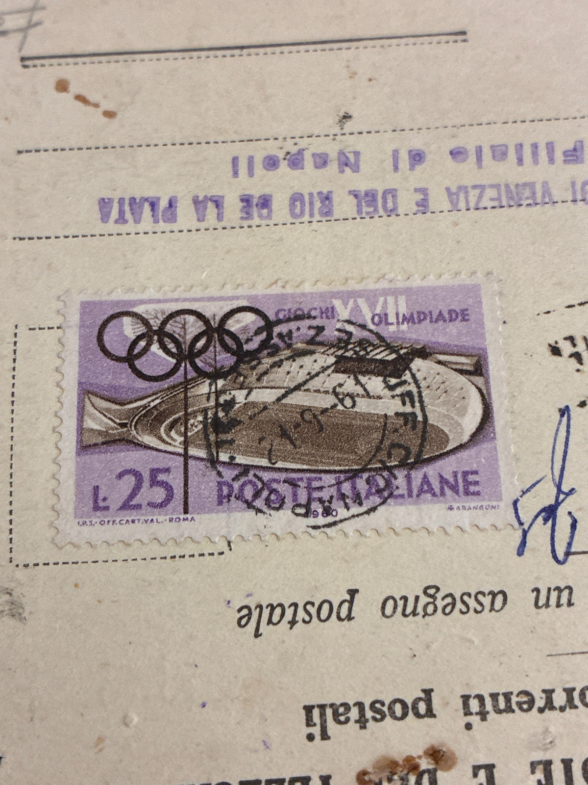 Avviso Ricevimento Assegno Postale (1961) - Modulo del Regno d'Italia usato in Repubblica con 25l Olimpiadi.