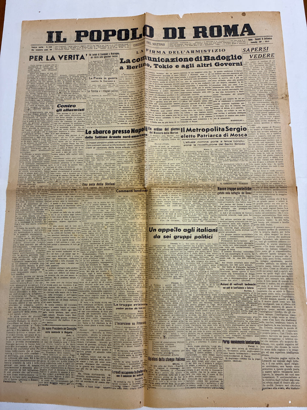 Quotidiano Storico Il Popolo di Roma 10 Settembre 1943 Armistizio Badoglio Sbarco Salerno