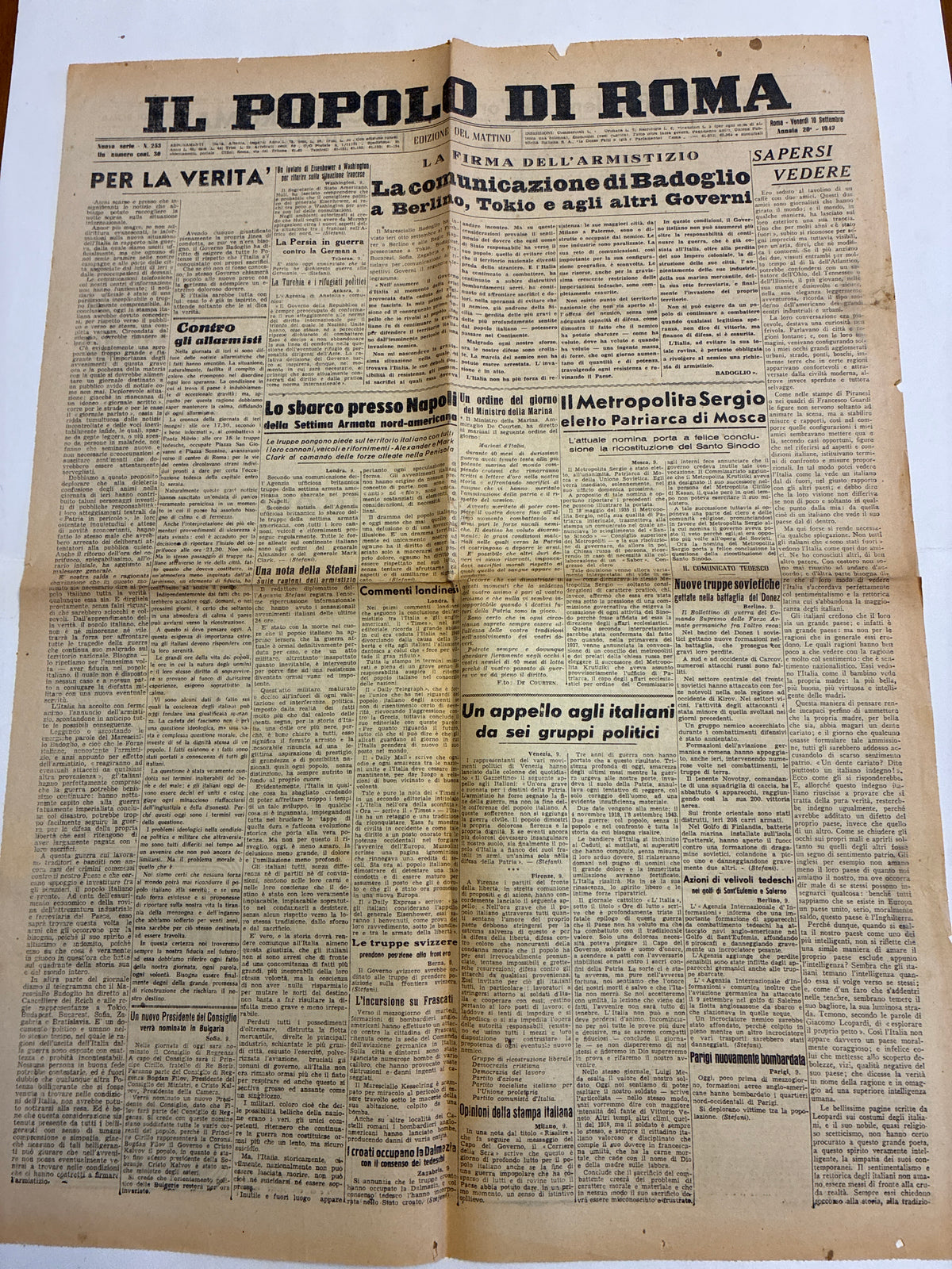 Quotidiano Storico Il Popolo di Roma 10 Settembre 1943 Armistizio Badoglio Sbarco Salerno