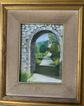 Dipinto a olio su tela "Scorcio paesaggistico attraverso arco in pietra" - Firmato "Frasca" (con cornice dorata)
