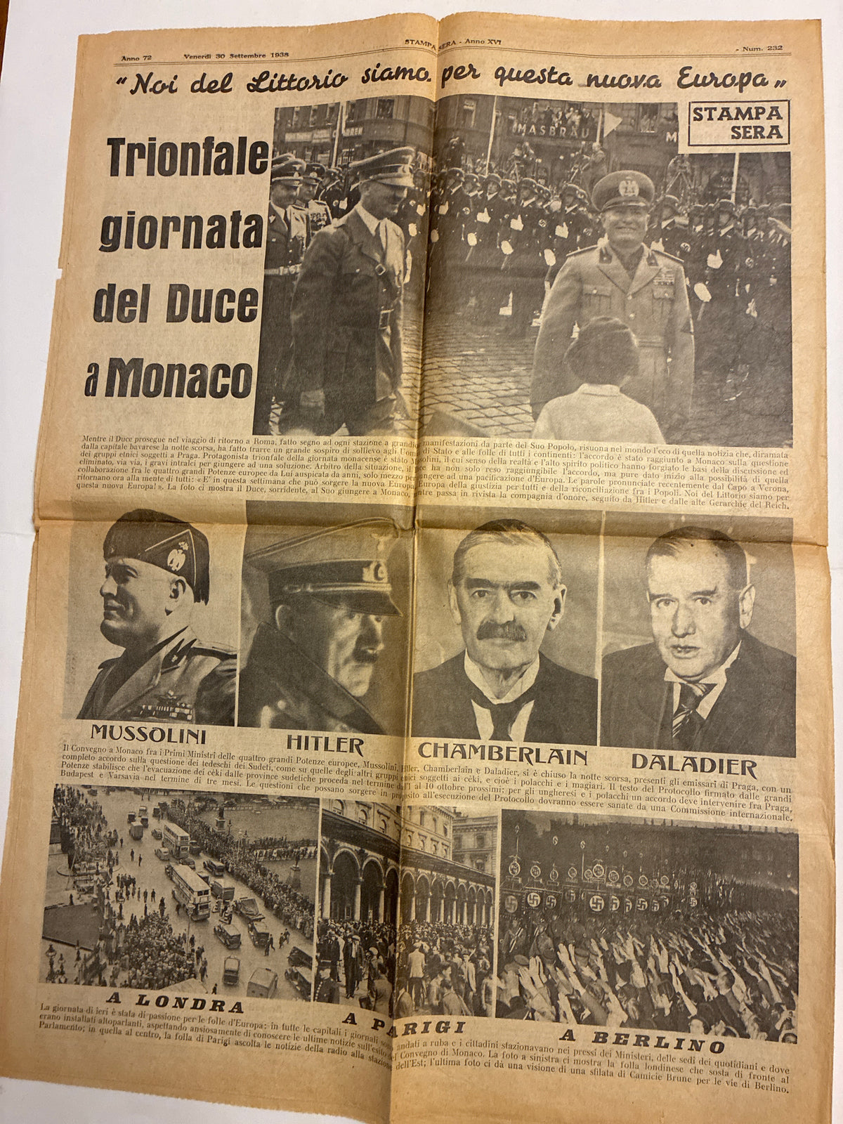 Quotidiano Storico Stampa Sera 30 Settembre 1938 Conferenza di Monaco Mussolini Hitler