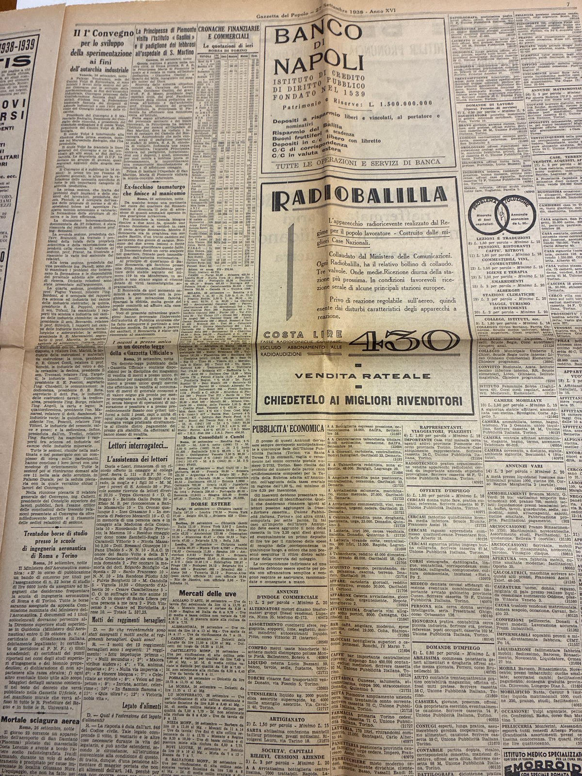 Quotidiano Storico Gazzetta del Popolo 27 Settembre 1938 Fascismo Mussolini Crisi Monaco