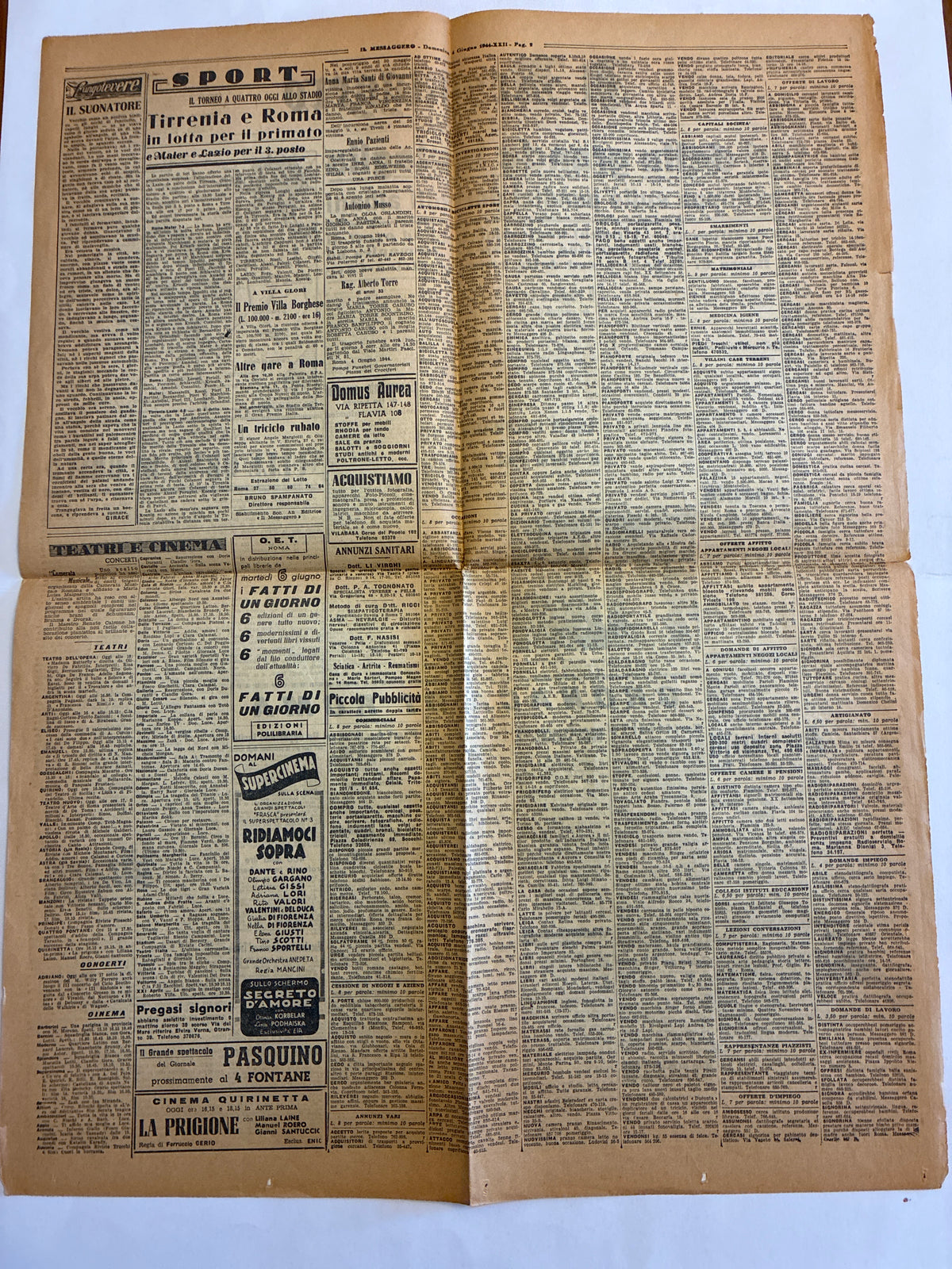 Raro Quotidiano Originale Il Messaggero Giugno 1944 - Edizione Completa Roma - Ore Prima della Liberazione