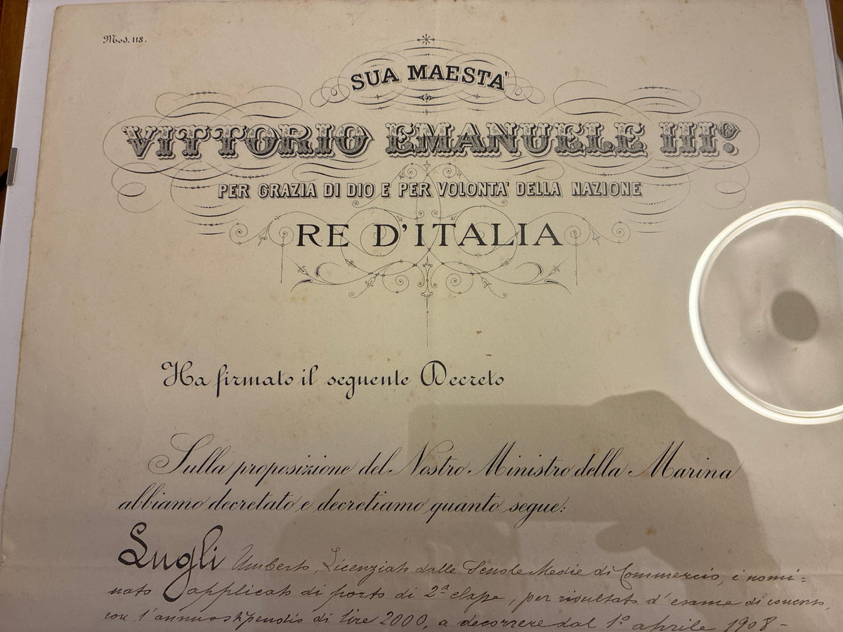 Raro Regio Decreto 1908 Nomina Regia Marina Umberto Lugli - Ministro Mirabello Timbro Viola - Incorniciato Storia Sabauda