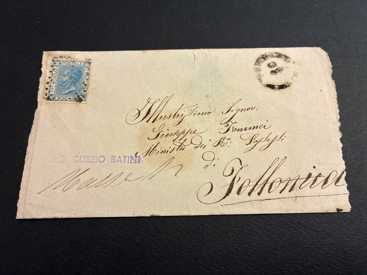 Busta Storia Postale 1874 Regno D'Italia Vittorio Emanuele II Francobollo 20 Centesimi Azzurro Annullo Numerale A Punti Timbri Retro Campiglia Marittima E Follonica Da Collezione