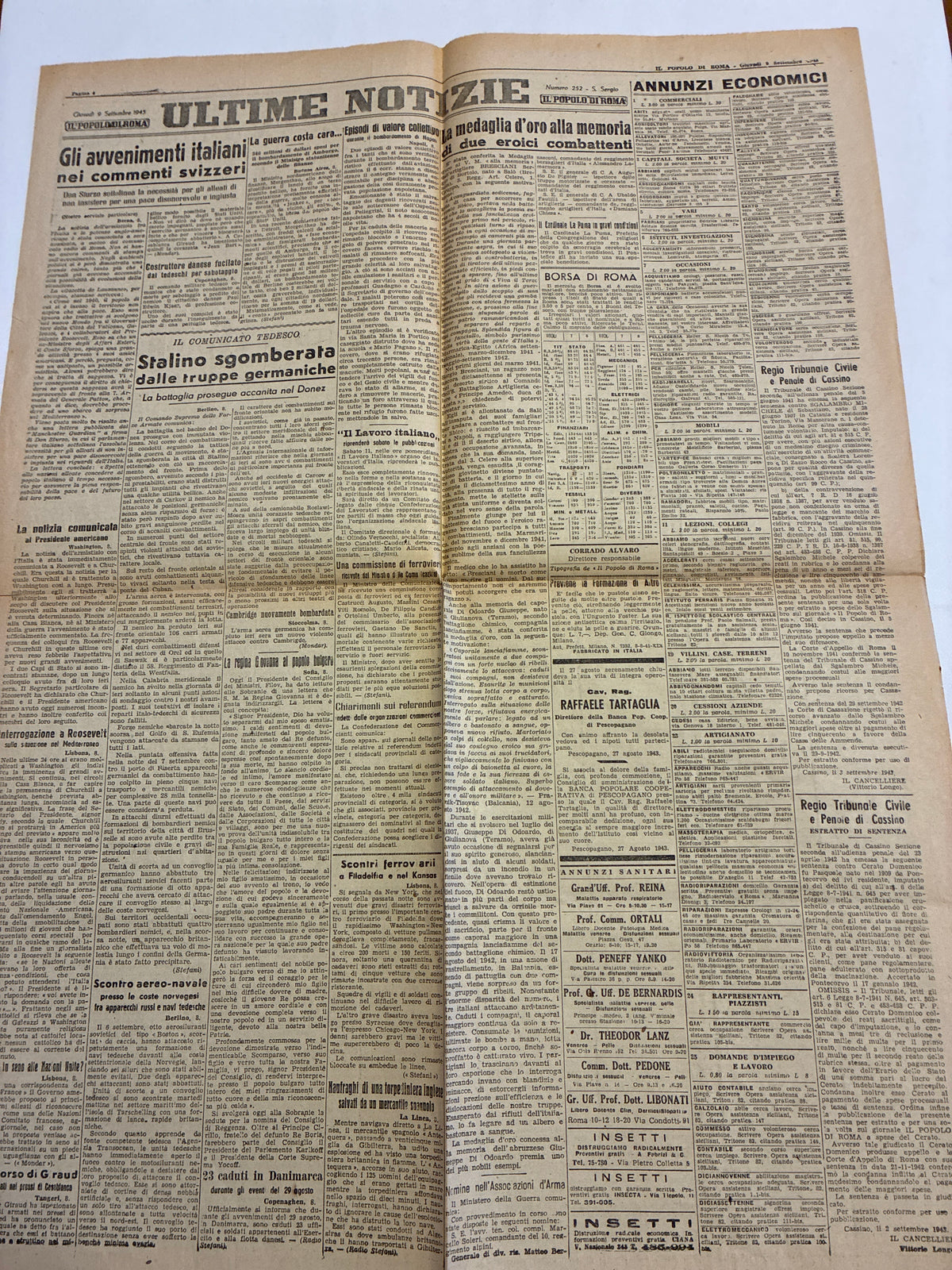 Quotidiano Storico Il Popolo di Roma 9 Settembre 1943 Armistizio Badoglio Integro