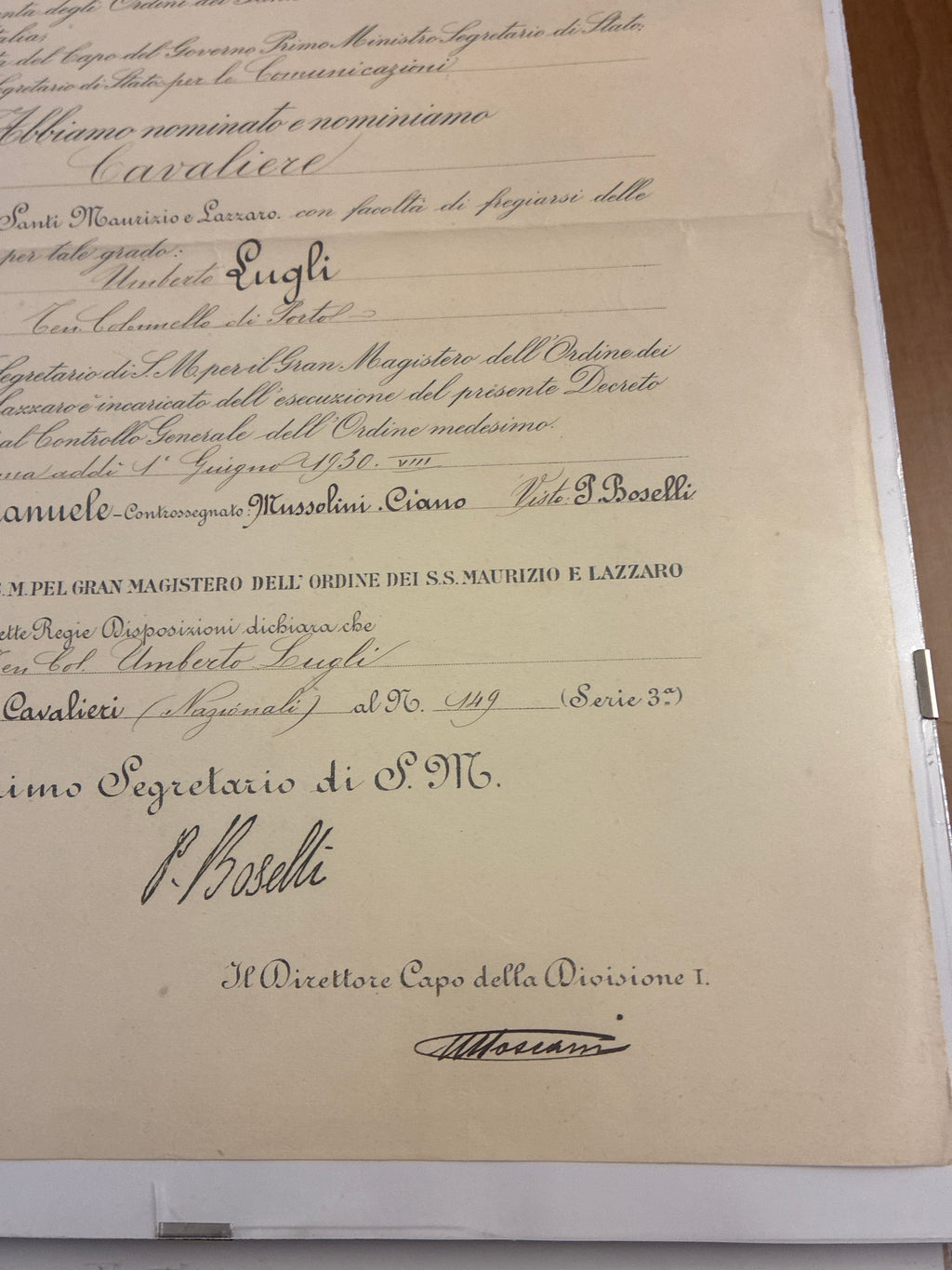 Raro Decreto 1930 Cavaliere Santi Maurizio e Lazzaro - Timbro a Secco e Firma Autografa Boselli - Incorniciato Umberto Luglio