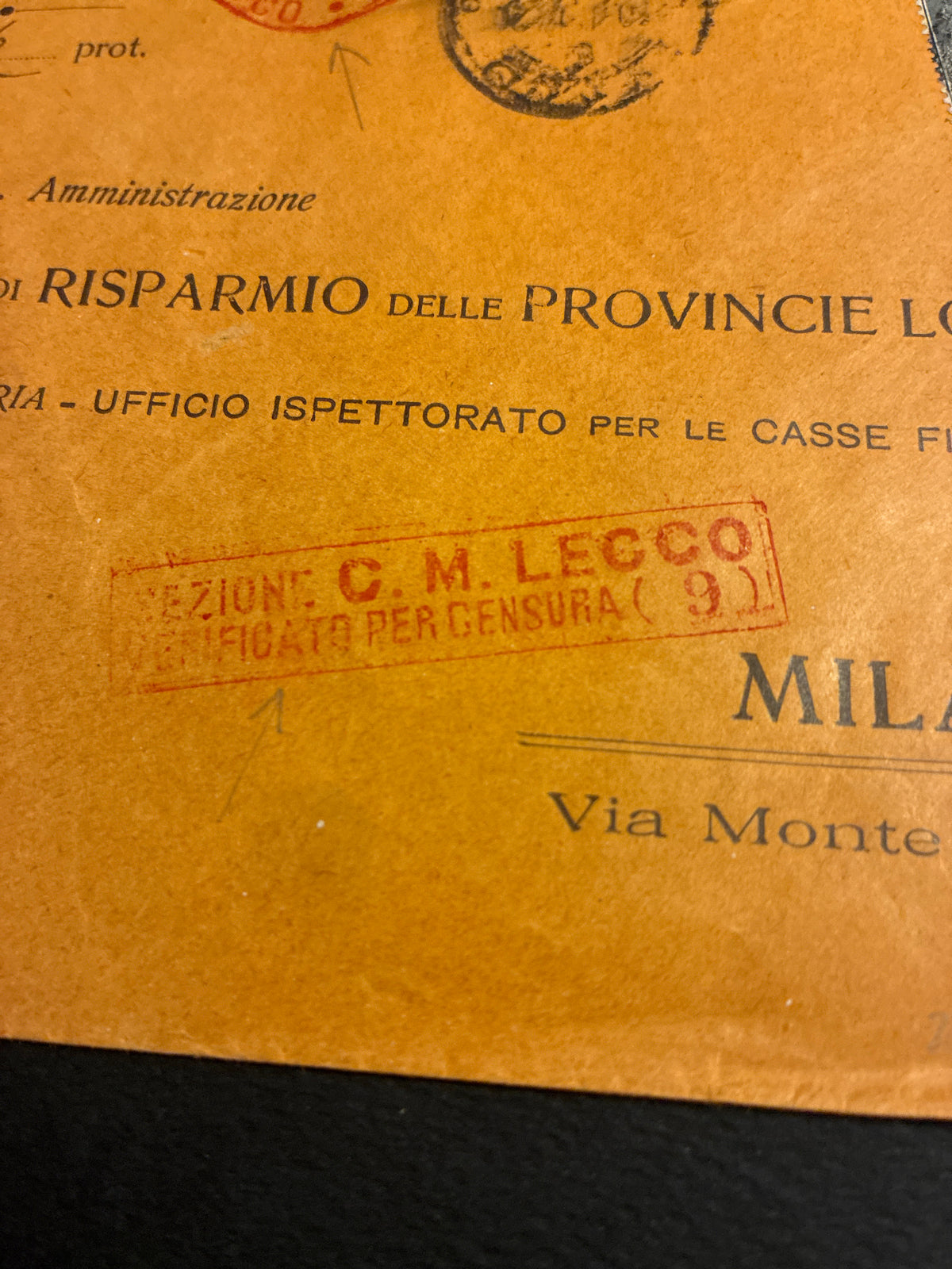 Busta commerciale d'epoca "Cassa di Risparmio delle Provincie Lombarde" con Censura Militare di Lecco e affrancatura provvisoria "CENT. 20" su 15 c. (1917)