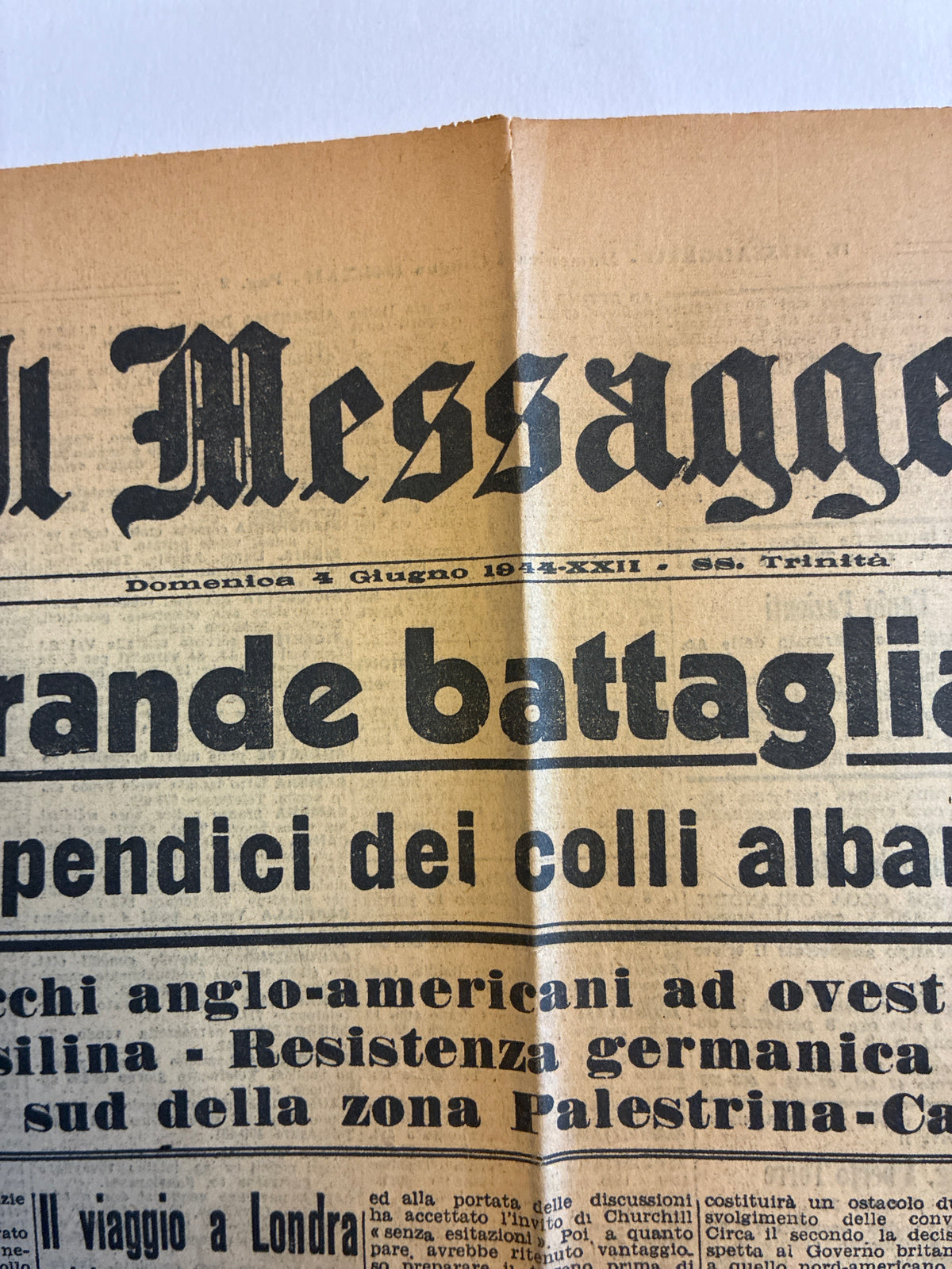 Raro Quotidiano Originale Il Messaggero Giugno 1944 - Edizione Completa Roma - Ore Prima della Liberazione