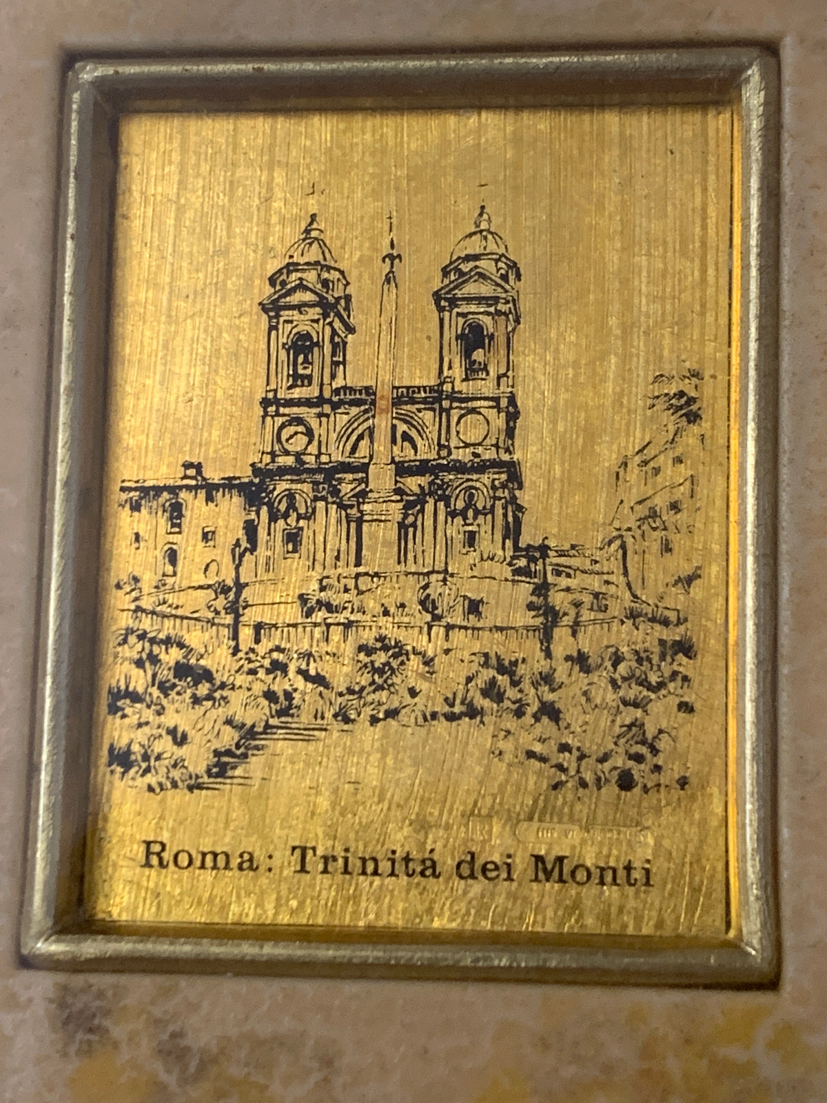 Quadro Vintage Roma Trinità dei Monti Stampa Incisa su Foglia Dorata con Cornice