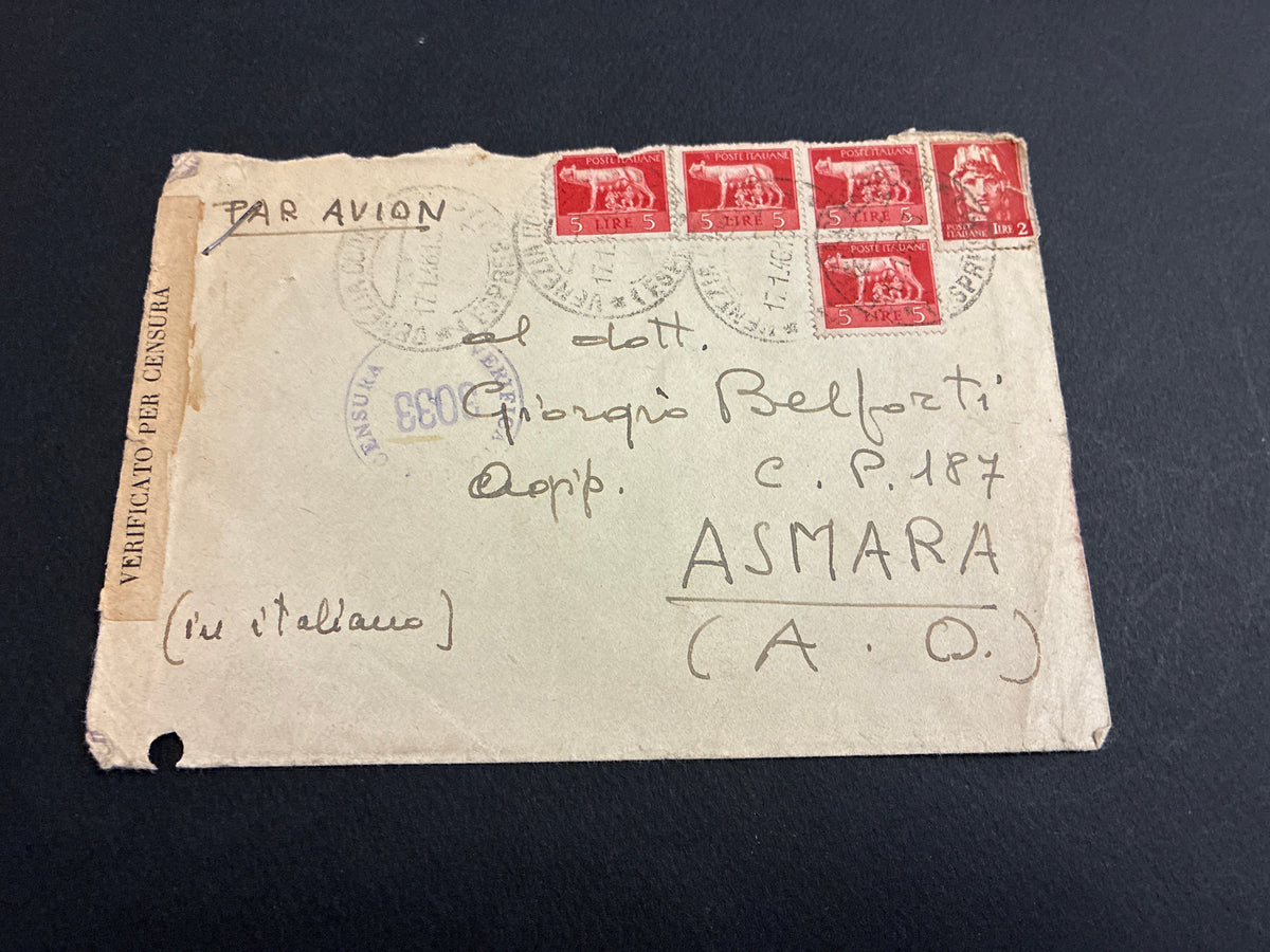Busta via aerea del 1946 da Venezia ad Asmara (Eritrea) con affrancatura della Luogotenenza e fascetta di censura.